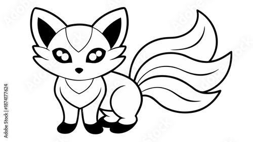Cute Chibi Kitsune Illustration with Nine Tails for Coloring Page