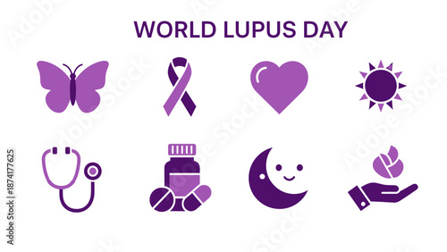 Purple icons for World Lupus Day butterfly ribbon heart sun stethoscope pills moon and hand with plant