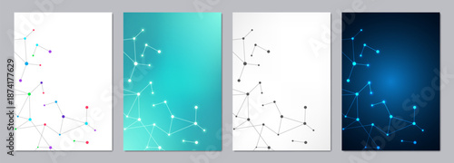 Vector template for brochure or cover with molecular structure background and connected lines and dots. Medicine, science and digital technology concept