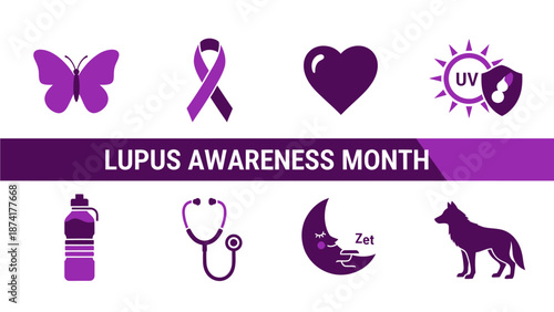 Purple icons representing Lupus Awareness Month above and below a central banner