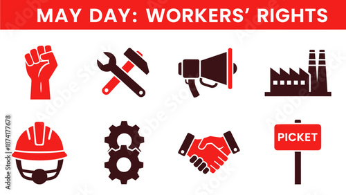 Red and dark icons related to workers rights and labor movements