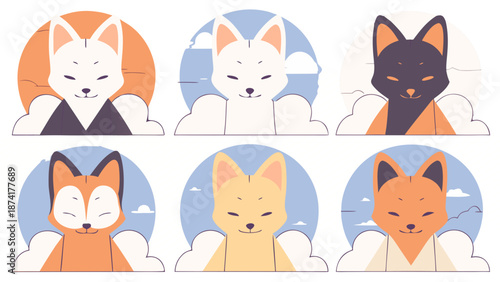 Collection of cute fox characters with sun and cloud backgrounds in pastel colors