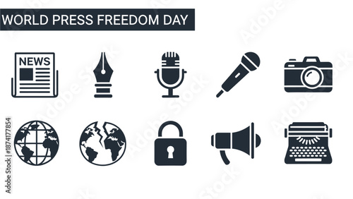 Ten dark blue icons related to journalism and media freedom on a white background