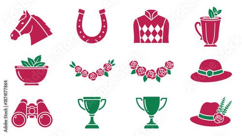 Twelve vector icons related to horse racing and the Kentucky Derby in red and green