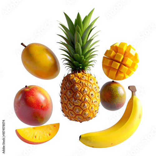 Fresh tropical fruit collection with pineapple and mango isolated on transparent background