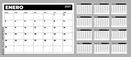 Elegant Spanish 2027 calendar with black header bar, high-contrast grid design, sophisticated look for professional planners, executive agendas and wall calendars. The complete set of twelve months 