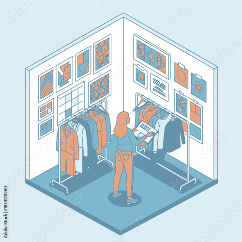 Woman organizing clothes in a studio with artwork on walls.