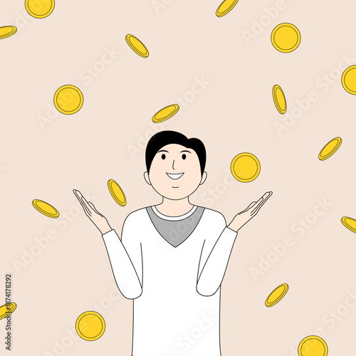A cartoon of a man holding up a bunch of coins
