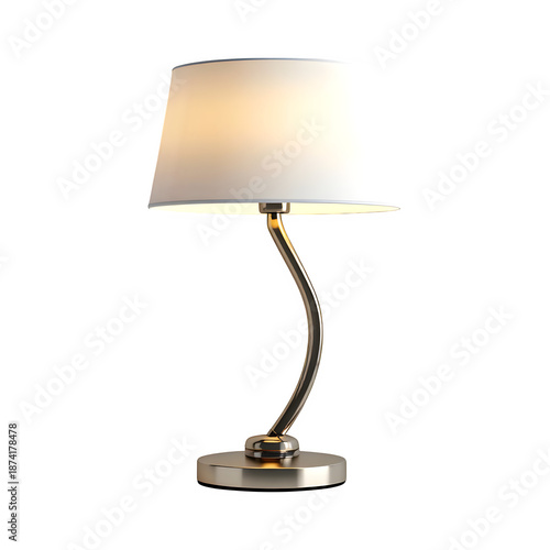 Modern table lamp with white shade and curved stand isolated on transparent background