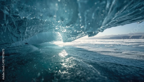 Ice shelf surface detail during winter, highlighting natural erosion and polar environment