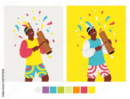 Joyful Brazilian Musician Playing Reco-reco - Vibrant Carnaval Percussionist with Headpiece