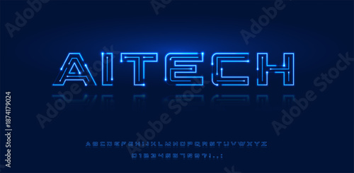 Futuristic tech font and alphabet. Digital typography design for AI technology, cyber systems, circuit boards. Neon blue geometric typeface for logo, poster, computer interface, game, sci-fi, security