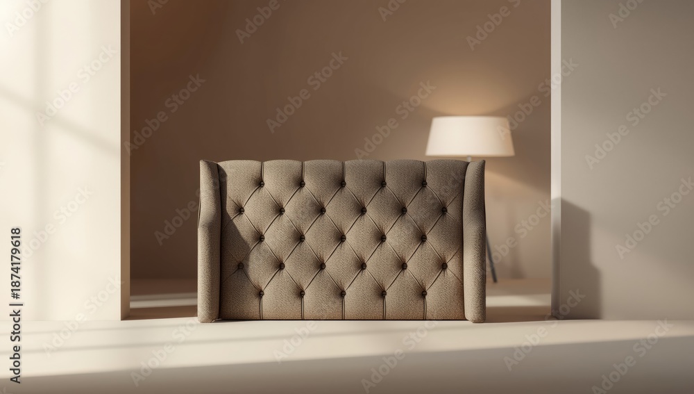 Obraz premium Textile-upholstered headboard featuring decorative studs, designed for interior bedroom decor