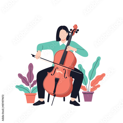 Woman playing cello with bow in a seated position.