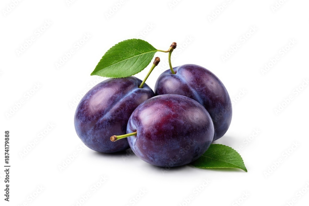 Obraz premium Damson plum with leaf detail on a pure white background showing copy space
