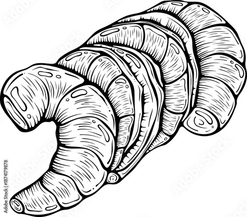 Shrimp tails placed side by side. Raw or boiled seafood, tiger shrimps meat. Vector illustration in hand drawn sketch doodle style. Line art isolated on white for coloring book, print, seafood menu