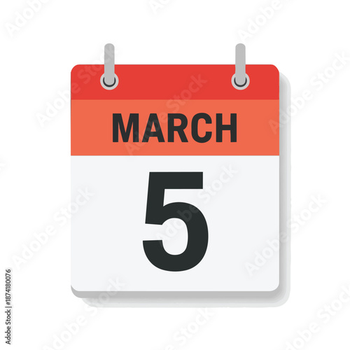 Modern digital calendar icon showing March 5th, symbolizing appointments and deadlines. This versatile graphic is excellent for planning and event
