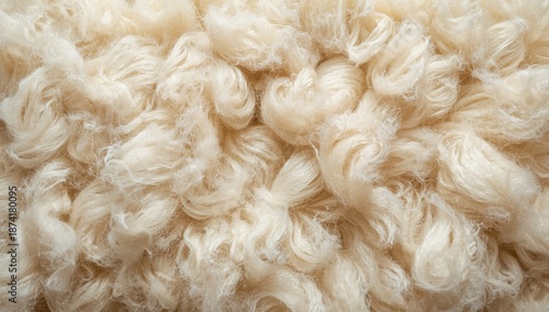 White wool surface, textile background for design or editorial use, natural sheep wool, detailed close-up of soft fur, beige hue, World Wool Day