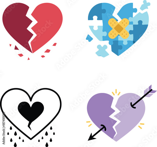 Broken and healing hearts vector set. Collection of four love symbols: a red shattering heart, a blue puzzle heart with a bandage, a black crying heart, and a purple heart pierced by an arrow.