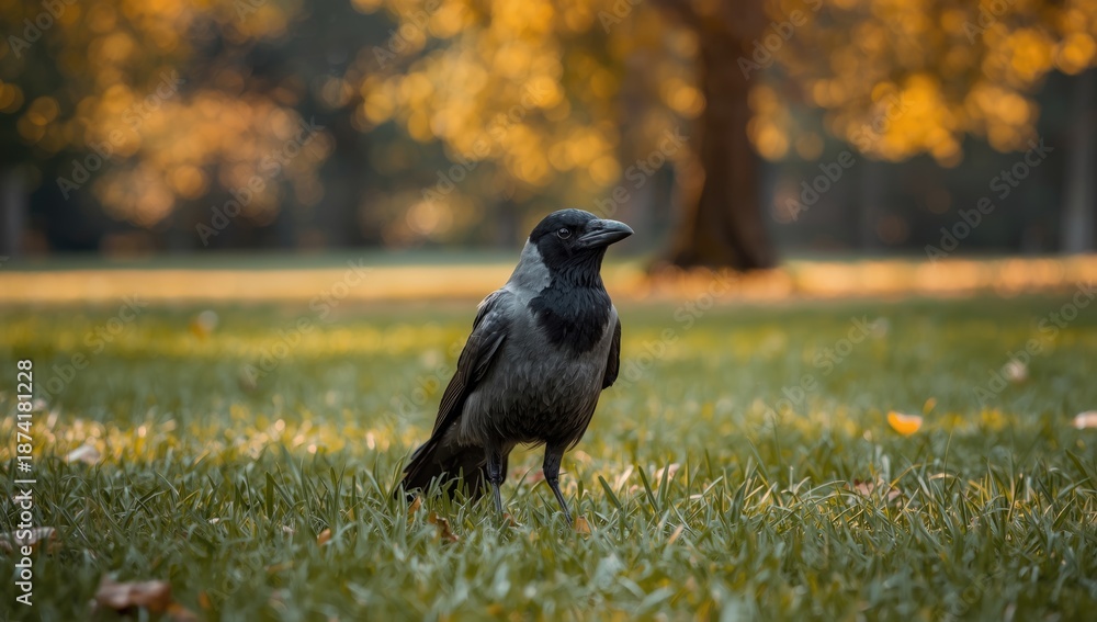 Obraz premium Crow moving through a park setting used as a storytelling device in outdoor environments
