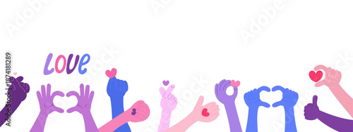 Hands abstract drawn banner. Multicolored different heart signs and love symbols. Cute vector illustration. Valentine's Day border.