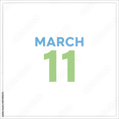 Striking minimalist calendar display showcasing the date March eleventh in appealing blue and green typography against a crisp white surface for