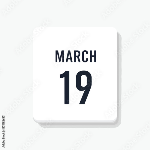 A clean minimalist calendar icon clearly displaying the date March 19th, perfect for digital planning applications, scheduling, and important date