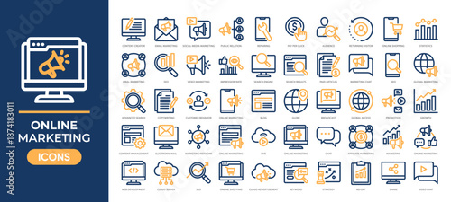 Online Marketing icons set collection featuring SEO, social media, content, analytics, promotion tools and more. Ideal for digital ads, websites, marketing campaigns, brand strategy projects and more.