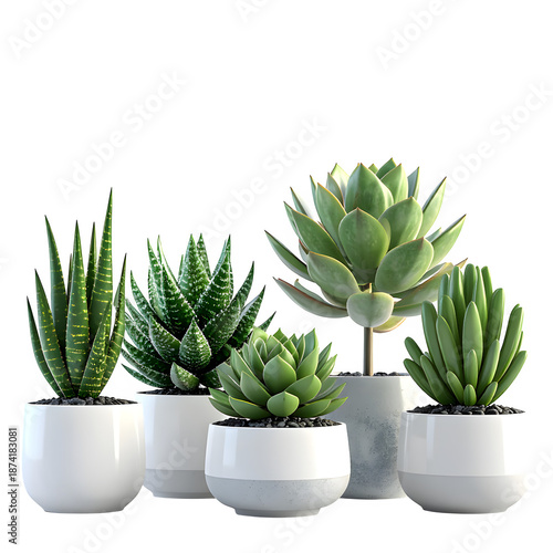 Group of Assorted 3D Rendered Succulent Plants in Modern White and Gray Minimalist Pots Isolated on White Background for Interior Design and Home Decor