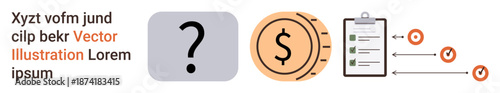 Business strategy, financial planning, productivity, goal setting, task management, decision-making. Question mark, dollar sign clipboard and timeline. Financial planning and goal setting concept