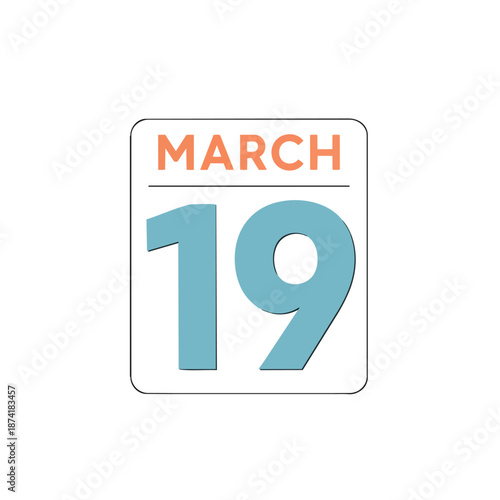 A clean and modern digital calendar icon prominently featuring the date March 19, ideal for scheduling, reminders, event planning, and various
