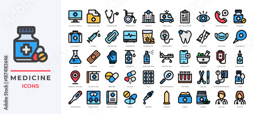 Medical icons set collection including healthcare tools, medicines, hospitals, doctors and more. Perfect for medical apps, pharmacy services, healthcare websites, hospital infographics and more.