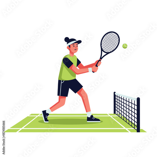 Young Athlete Playing Tennis on Court.