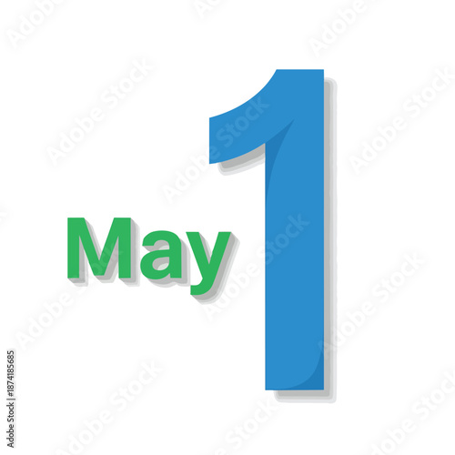 A vibrant illustration of the first day of May featuring a bold blue number one and distinct green text, symbolizing the arrival of spring and new