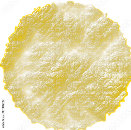 Bright Yellow Crinkled Plastic Texture Design, Round Wrinkled Foil Material Graphic Element Isolated on White