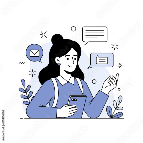 Young asian female engaging with smartphone and messaging apps illustrated in modern style