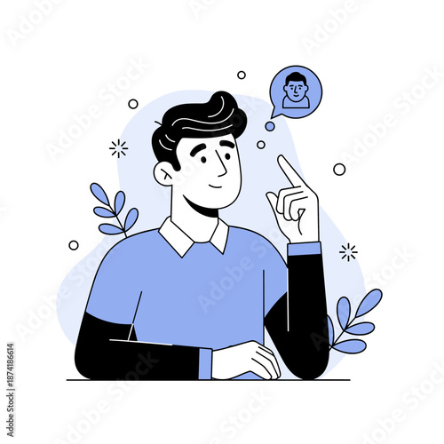 Young caucasian male contemplating idea with thought bubble illustration