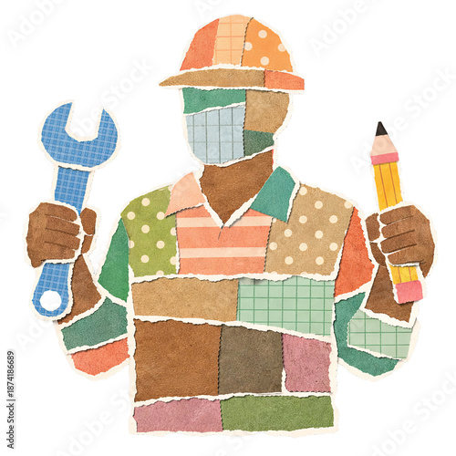 Paper collage illustration of construction worker holding wrench and pencil
