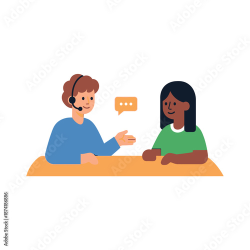 Customer service representatives assisting clients with helpful communication and dialogue through a chat bubble icon, illustrating support and interaction