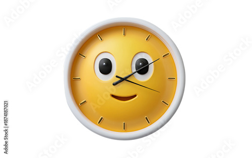 Cute wall clock emoji design with minimal face symbolizing efficiency, order, and cheerful punctuality isolated on transparent background PNG
