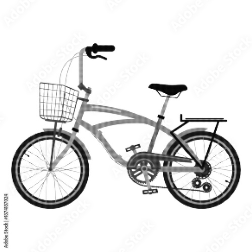 Halftone illustration of a city bicycle with basket isolated on white background. Urban transport and eco mobility concept for commuting, lifestyle, delivery, and sustainable travel.