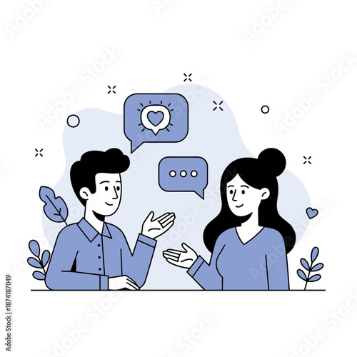 Young caucasian male and female discuss ideas with speech bubbles in minimalist illustration