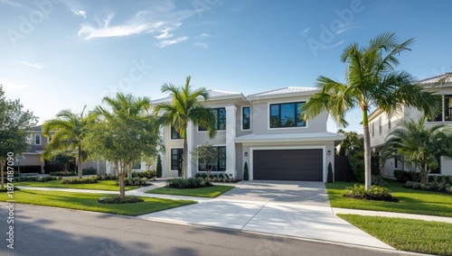 Contemporary house facade featuring driveway, garage, and palm trees in a sunny residential area, highlighting curb appeal