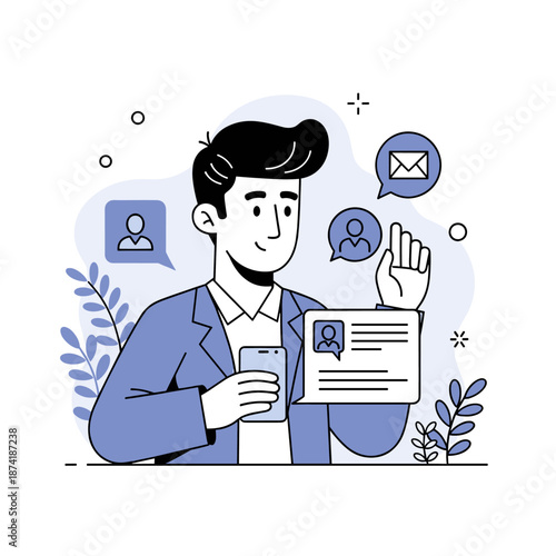 Young adult caucasian male communicating via phone and social media