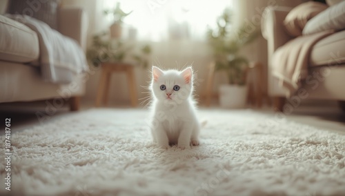 Young white mammal with captivating blue eyes in a playful stance, pet owner safety