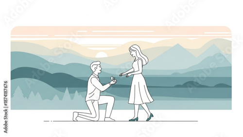 Man Proposing to Woman on One Knee during Sunset in Mountains