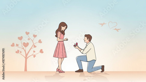 Man Proposing to Woman with Ring on One Knee under Heart Tree Illustration