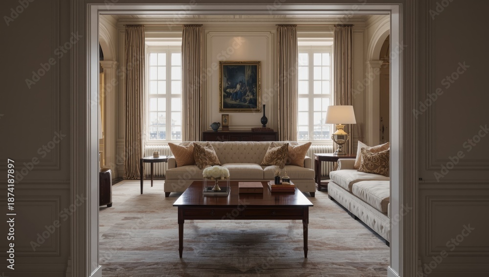 Fototapeta premium Traditional and sophisticated home interiors with ornate furnishings and decorative accents, ideal for layout backgrounds