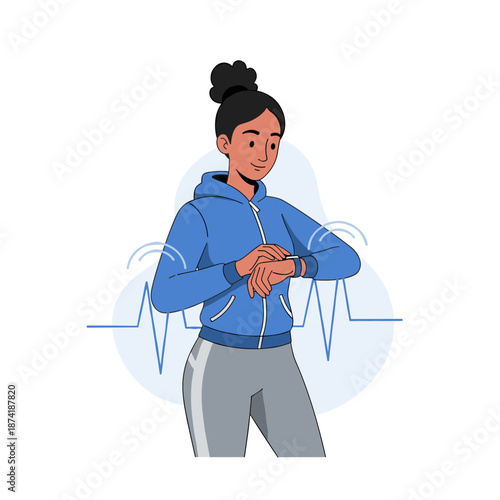 Asian female in sportswear checking smartwatch with heartbeat monitor