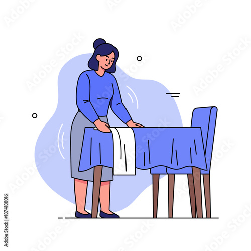 Caucasian female adult setting dining table with blue cloth